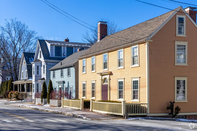 Row of colorful Colonials line the streets South End neighborhood of Portsmouth, NH.