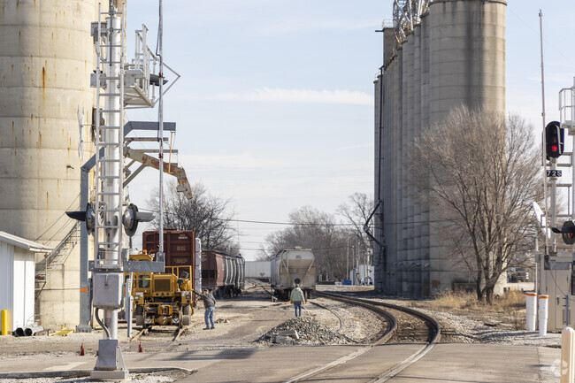 Grain elevators and other industry line the railroad tracks that serve Marion.