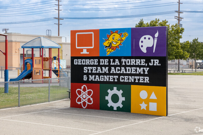 George De La Torre Jr. Elementary School sign is cool and colorful and gets the students ready.