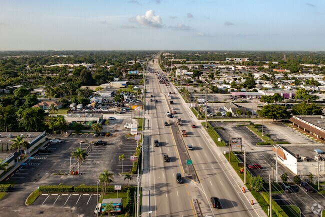 Aerial view of businesses on S Military Trail in the Pine Air neighborhood of Palm Springs, FL.