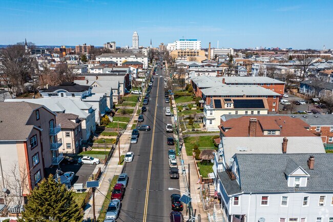 Aerial Shot of Broad Street shows the street as a main artery of  Downtown Elizabeth, NJ.