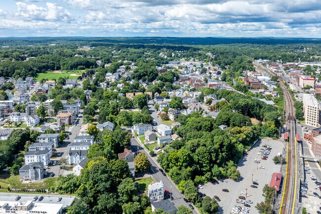 An overview from downtown Haverhill with the Commuter Rail on the right and Swasey Field left.