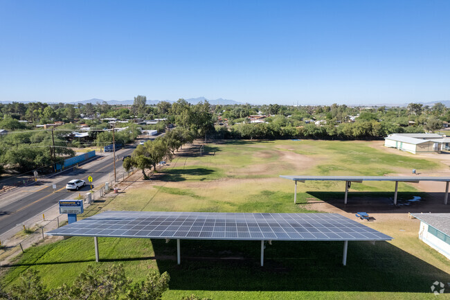 Solar panels provide energy efficiency and shade at Lineweaver Elementary School.