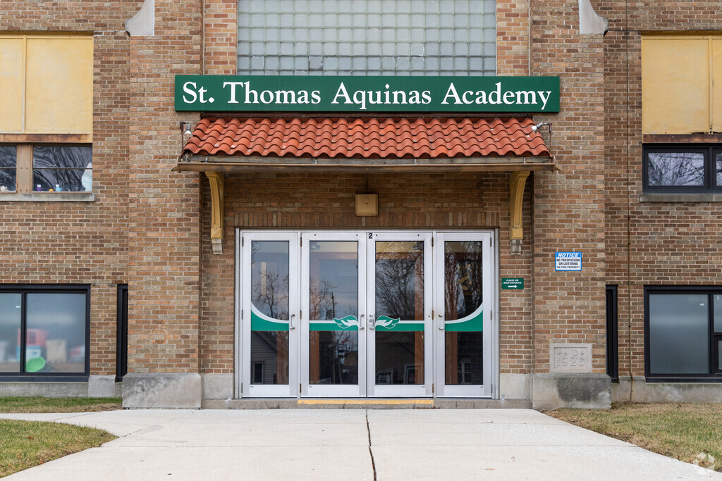The front doors of St. Thomas Aquinas is a Catholic school in Milwaukee.