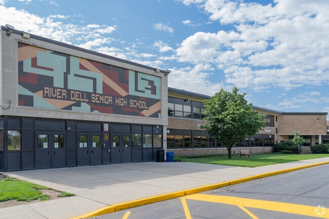 River Dell Regional High School has a unique pixelated design on the exterior in Oradell, NJ.