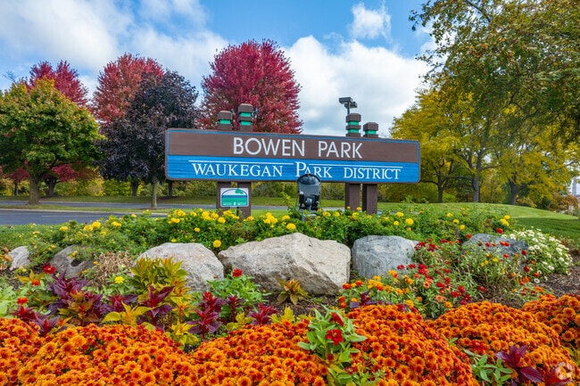 The entrance sign to Bowen Park in Waukegan welcomes Marquette Highlands residents with beautiful flowers.
