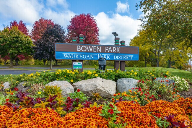 The entrance sign to Bowen Park in Waukegan includes beautiful flowers.