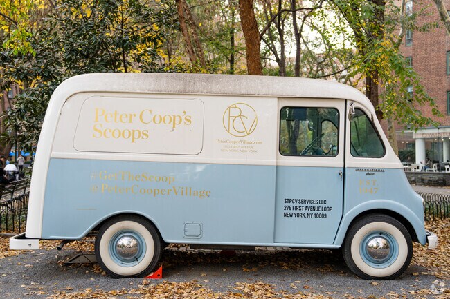 An ice cream bus appears seasonally in StuyTown's courtyard in Stuyvesant.