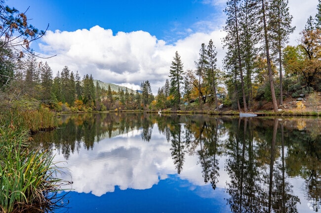 Manzanita Lake near North Fork features scenic mountain views.