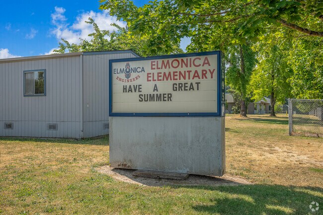Elmonica Elementary School sign in Beaverton, Oregon.