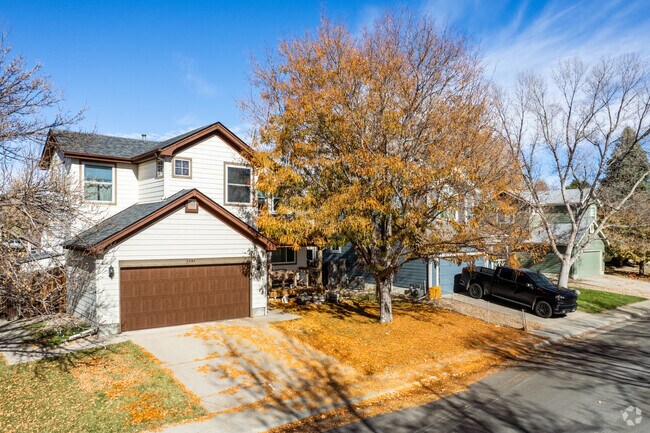 Colorful trees and new traditional homes in the Columbine Meadows neighborhood in Broomfield, Colorado.