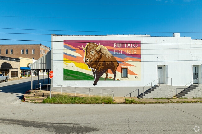A bison mural painted by Buffalo High School art teacher Brett Stump is found downtown.