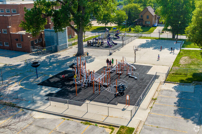 Moulton Elementary School students enjoy a huge outdoor space, complete with two playgrounds.