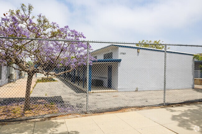 Classrooms sit next to blooming trees at Loyola Village Elementary School in Los Angeles, CA.