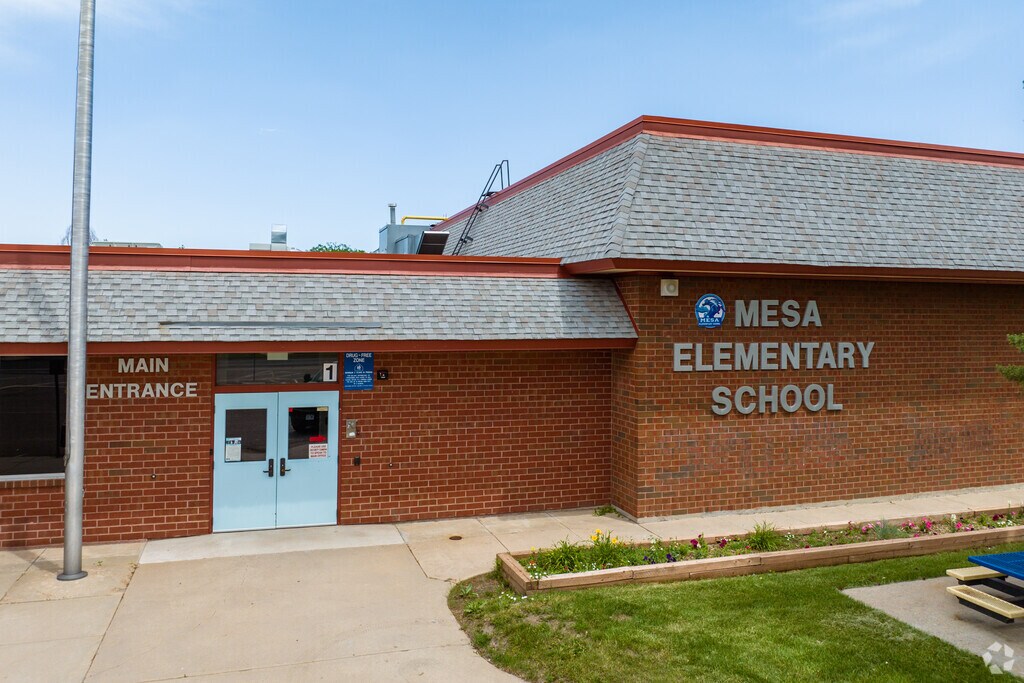 The entrance at Mesa Elementary School in Westminster, Colorado.