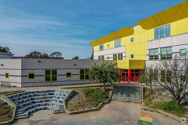 Orchard Gardens School entrance and sign in Lower Roxbury.