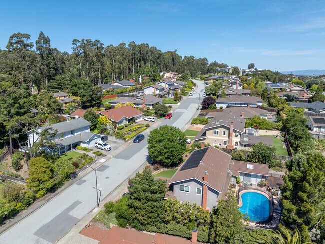 Aerial view capturing the cohesive charm of row homes in Burlingame Hills.