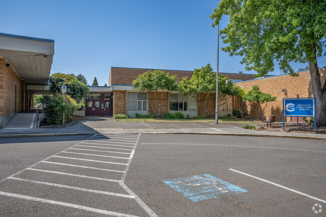 Entrance to Chehalem Elementary School in the neighborhood of West Beaverton, Oregon.