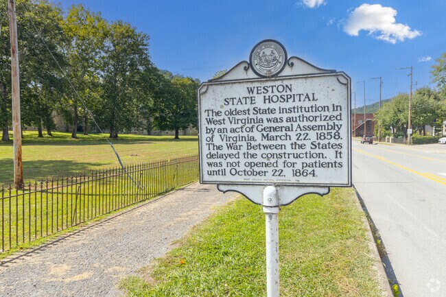 Historic signage marks the former Weston State Hospital.