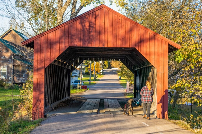 A woman walks her dog through the covered bridge that crosses Mill Brook in Fairfax Village.