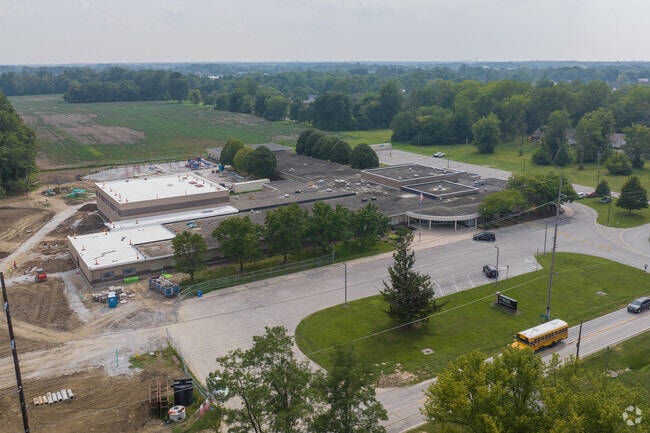 An aerial overview of Hawthorne Elementary on Rawles Ave.