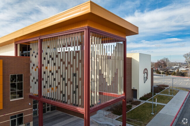 Midvale Middle School’s modern entrance forms an “M” for Midvale.