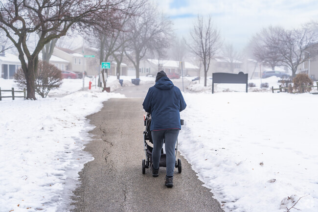 A woman with a stroller passes by on the trail at Hoover Park.