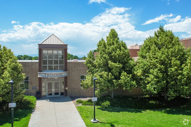 The front entrance walkway at Thimmig Elementary School in Henderson, Colorado.