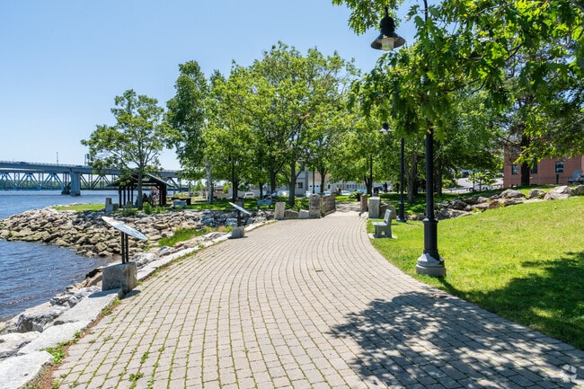 Linwood E. Temple Waterfront Park in Bath has brick walkways and riverfront views.