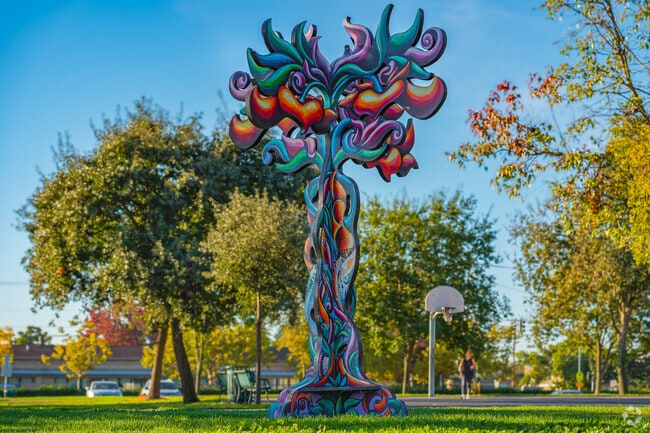 Unique and vivid artistry enjoyed by walker in heart of Robla Community Park.