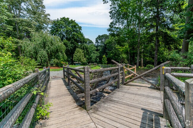 A split bridge over one of the many rivers that run in War Memorial Park in West Bridgewater.