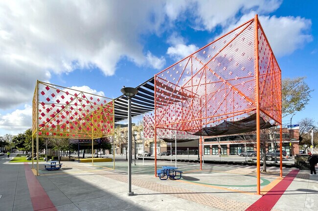 Sitting area at South First Parque De Los Pobladores Park in Downtown San Jose.