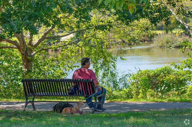 Cameron Station locals can find tranquility sitting by the waterside bench in Bren Brenman Park.