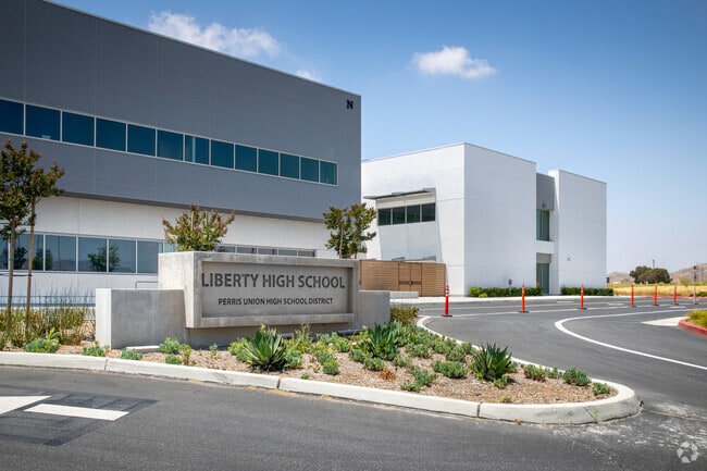 Drought friendly plants seen at entrance to Liberty High School near Murrieta Highlands.