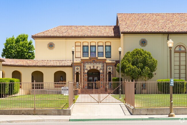 Lemoore High School has a distinct Spanish Revival architecture style throughout the campus.