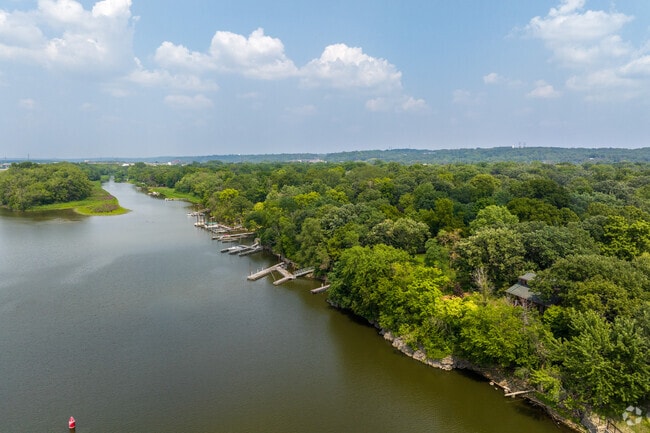 Private docks line the shores of the Mississippi River in the city of Newport.