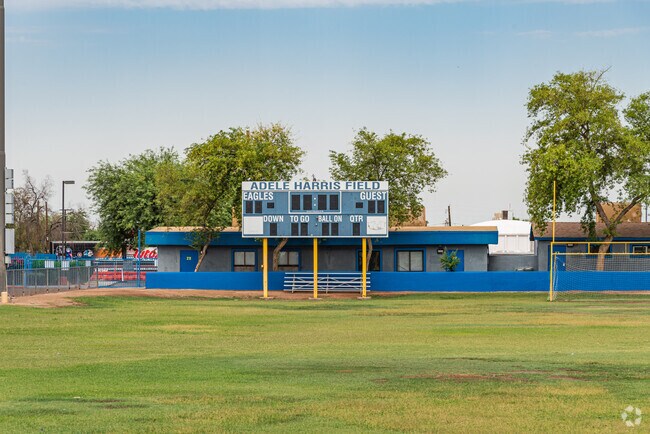 Score board at Football/Soccer field, NFL Yet College Prep Academy / Reyes Maria Ruiz Leadership Academy.