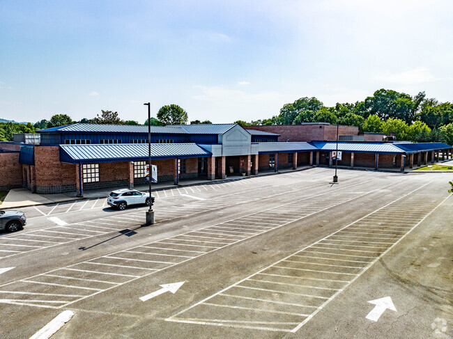 Front entrance and parking lot of Johnson Elementary School.