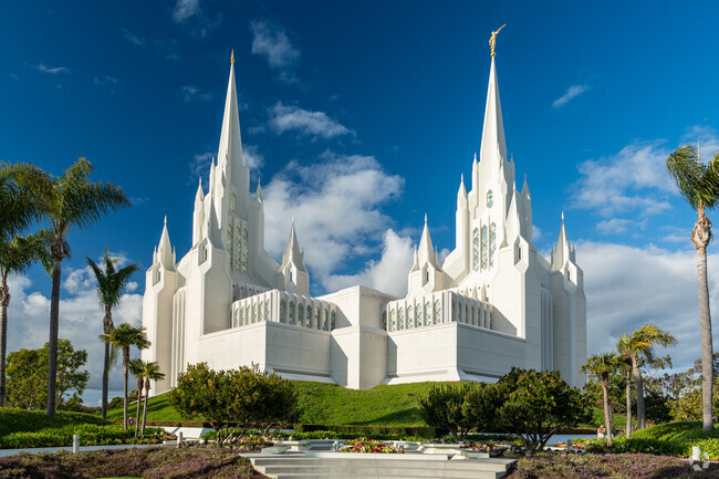 The iconic Mormon temple sits in the center of town near La Jolla Village.
