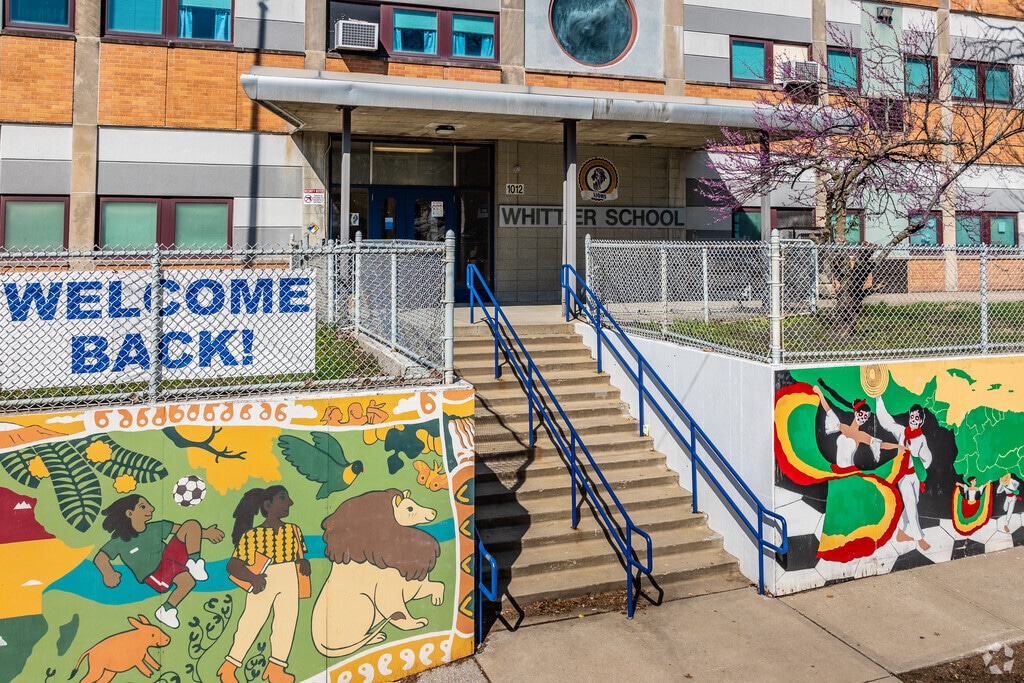 Main entry with mural painting at Whittier Elementary School.