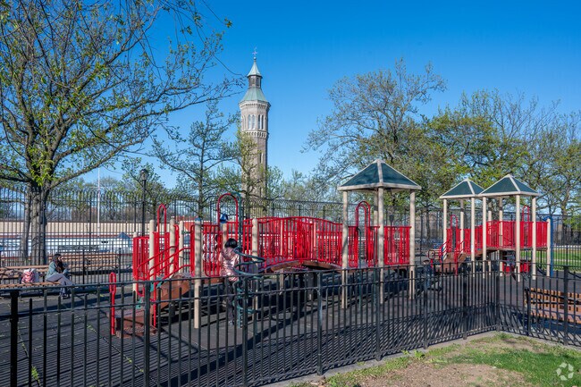 Highbridge Park has a playground near the Highbridge recreation center and water tower.