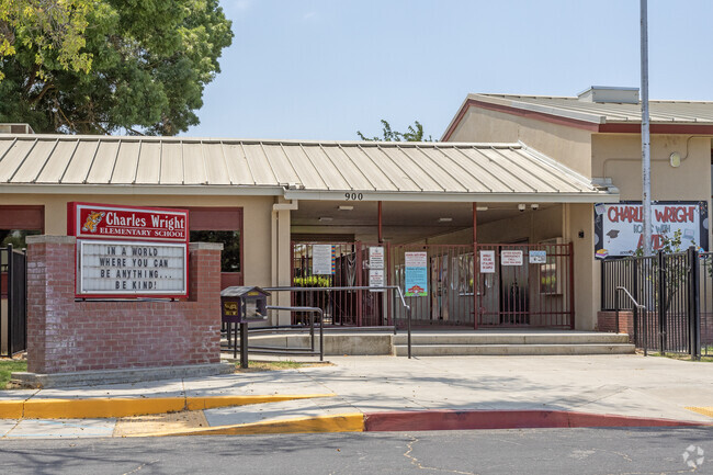 The entrance to Charles Wright Elementary School in Merced.