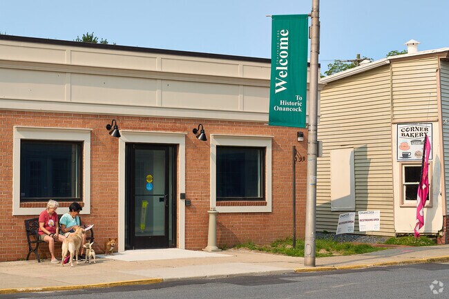 Friends walk their pets on a summer morning in Onancock.