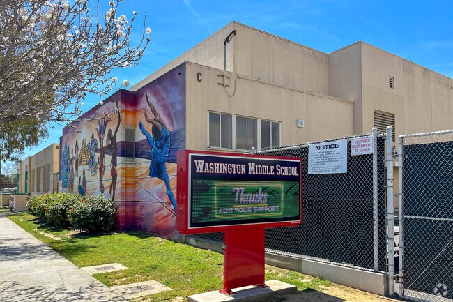 Washington Middle School signage displays school updates and news.