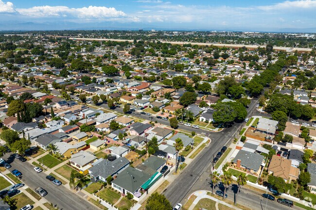 The view overhead of the Upper Westside neighborhood in Long Beach, CA.