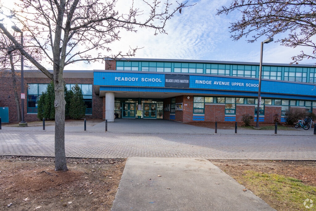 This is the main entrance to Rindge Avenue Upper School in North Cambridge.