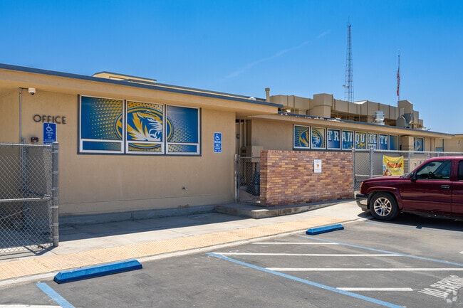The Tranquillity Elementary School mascot is featured on the windows of the office.