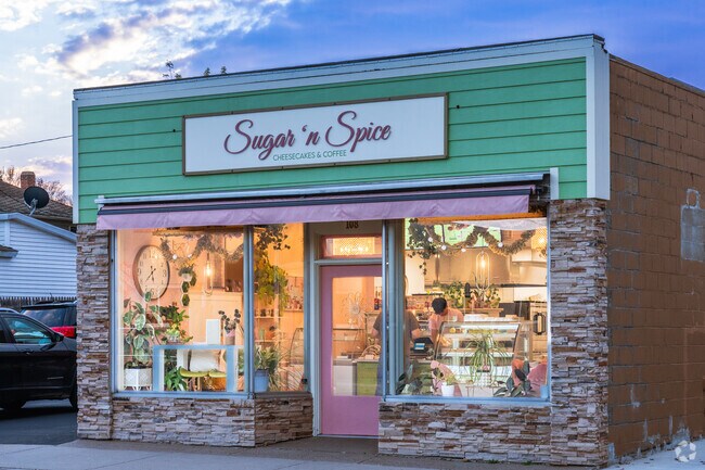 Many shops line 3rd Street and 2nd Street near Werle Park.