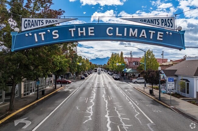 Grants Pass welcomes visitors with a large sign downtown.