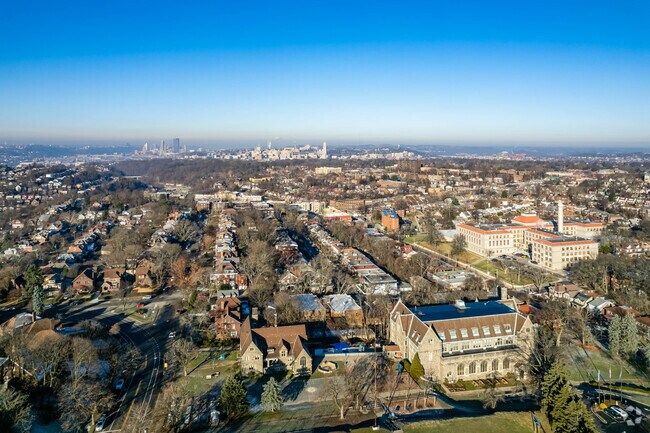 Squirrel Hill South aerial shows lots of homes and neighborhoods in frame.